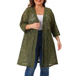 Plus Size Lace Crochet Open Front 3/4 Sleeve Cardigans Army Green